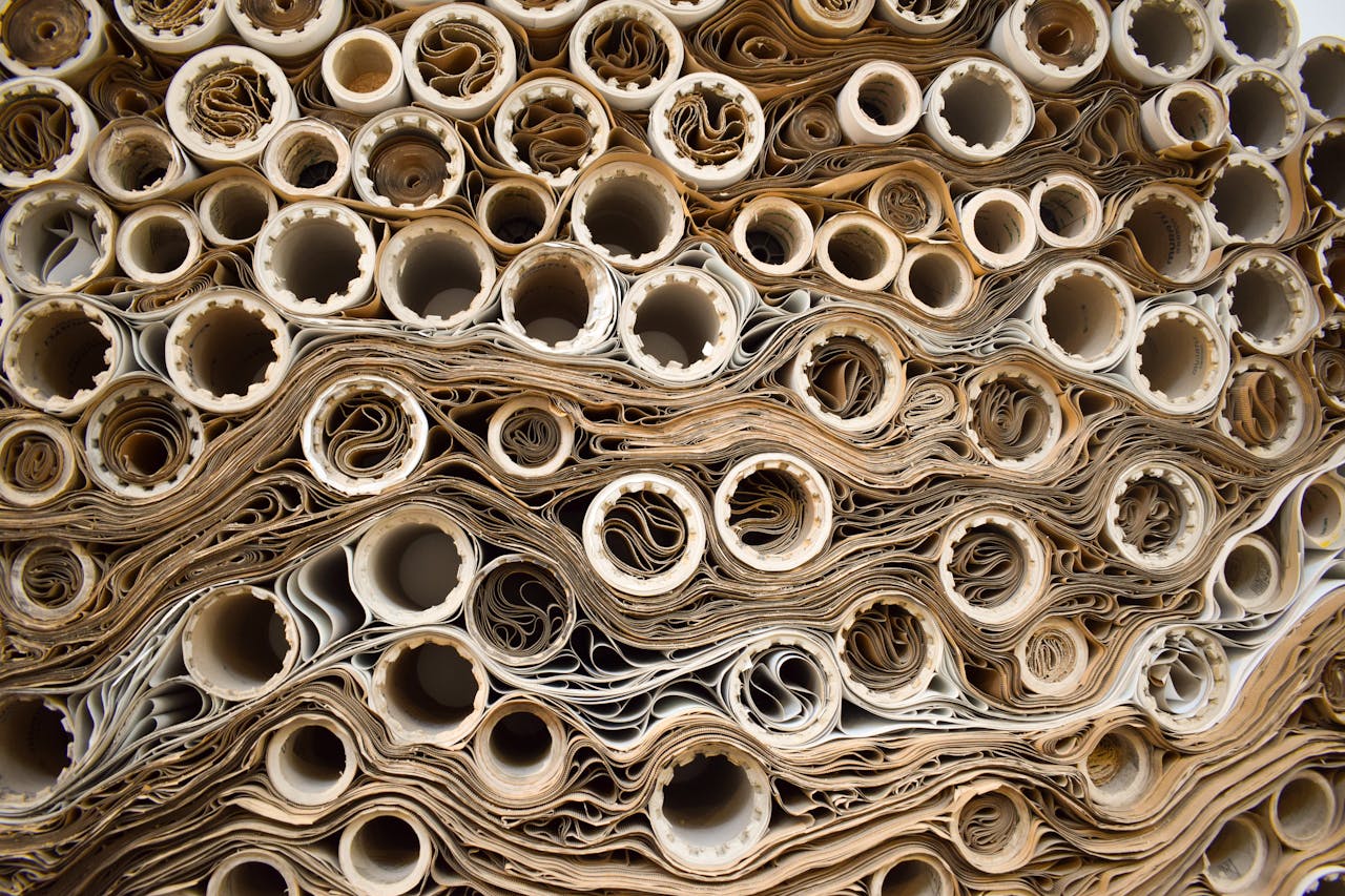 Close-up view of rolled papers creating a complex industrial pattern.